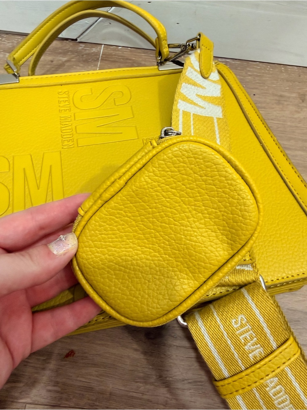 Steve Madden yellow/green Structured Top-Handle Satchel with Branded Strap - Picture 7 of 8
